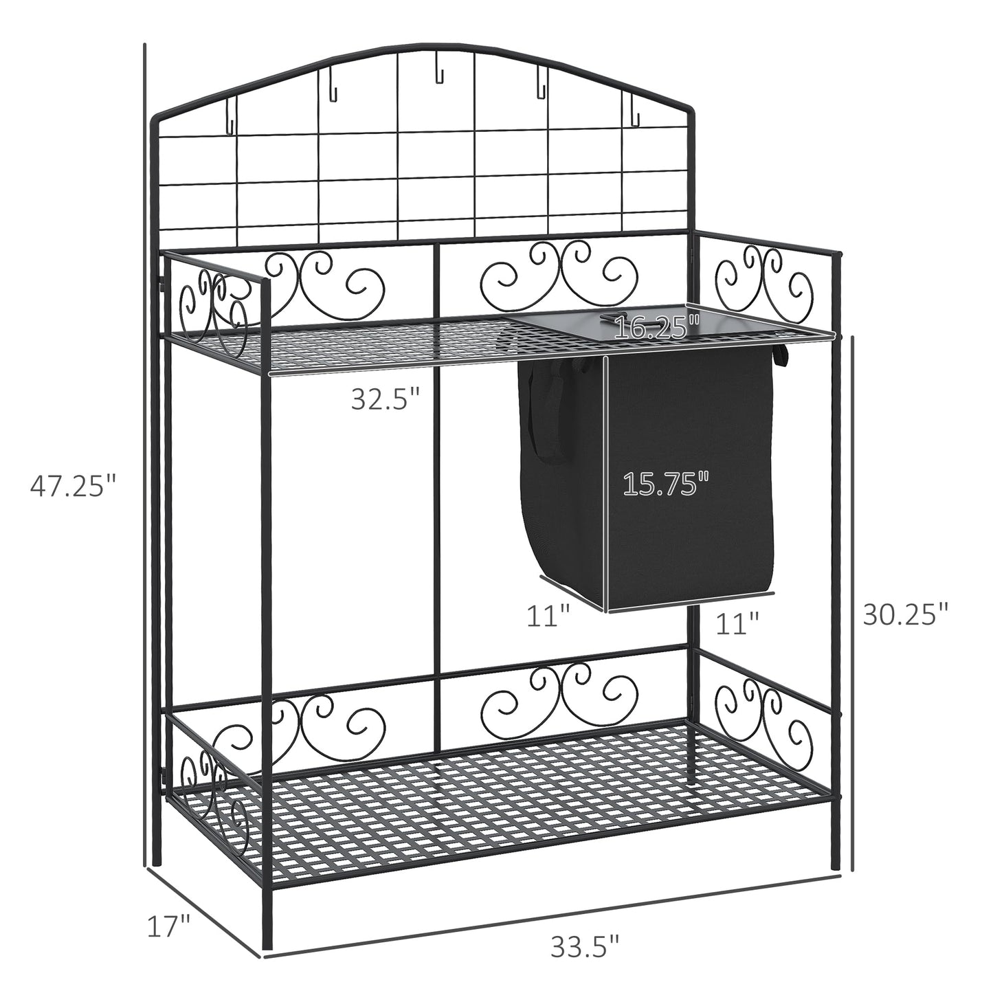 Outsunny Folding Potting Bench Table, Metal Garden Workstation, Work Bench with Large Build-in Bag with Cover, 5 Hanging Hooks & Storage Shelf, Flourishes - WoodArtSupply