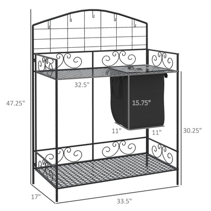 Outsunny Folding Potting Bench Table, Metal Garden Workstation, Work Bench with Large Build-in Bag with Cover, 5 Hanging Hooks & Storage Shelf, Flourishes - WoodArtSupply