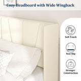 Queen Bed Frame with Headboard and Wingback, Velvet Upholstered Platform Bed, Mattress Foundation with Wooden Slat Support, No Box Spring Needed, Easy Assembly, Noise Free, Beige Sismplly
