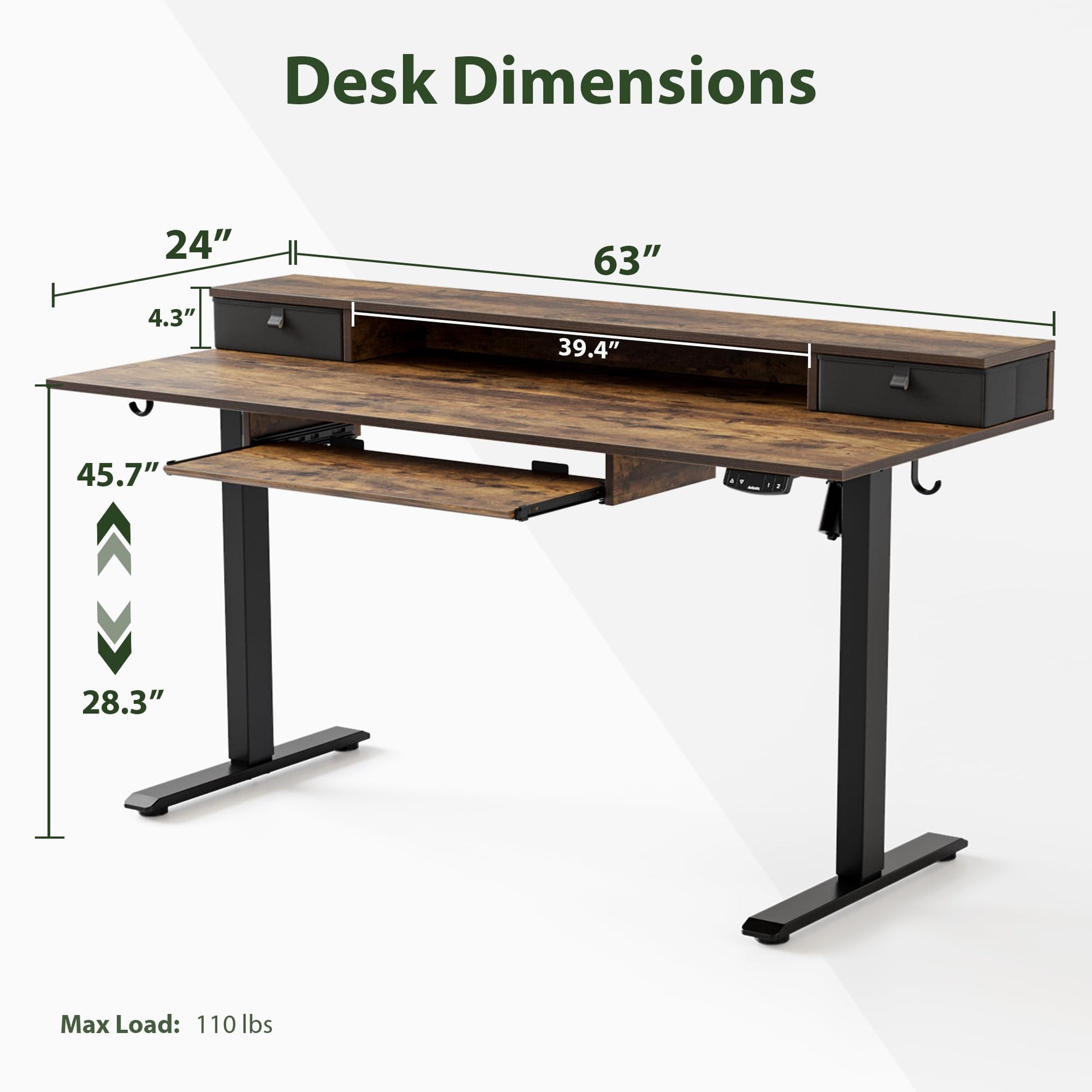 Agilestic Electric Standing Desk with 2 Drawers and Keyboard Tray, 63 x 24 Inches Ergonomic Adjustable Height Desk with Storage, Sit Stand up Desk Computer Workstation, Rustic Brown - WoodArtSupply