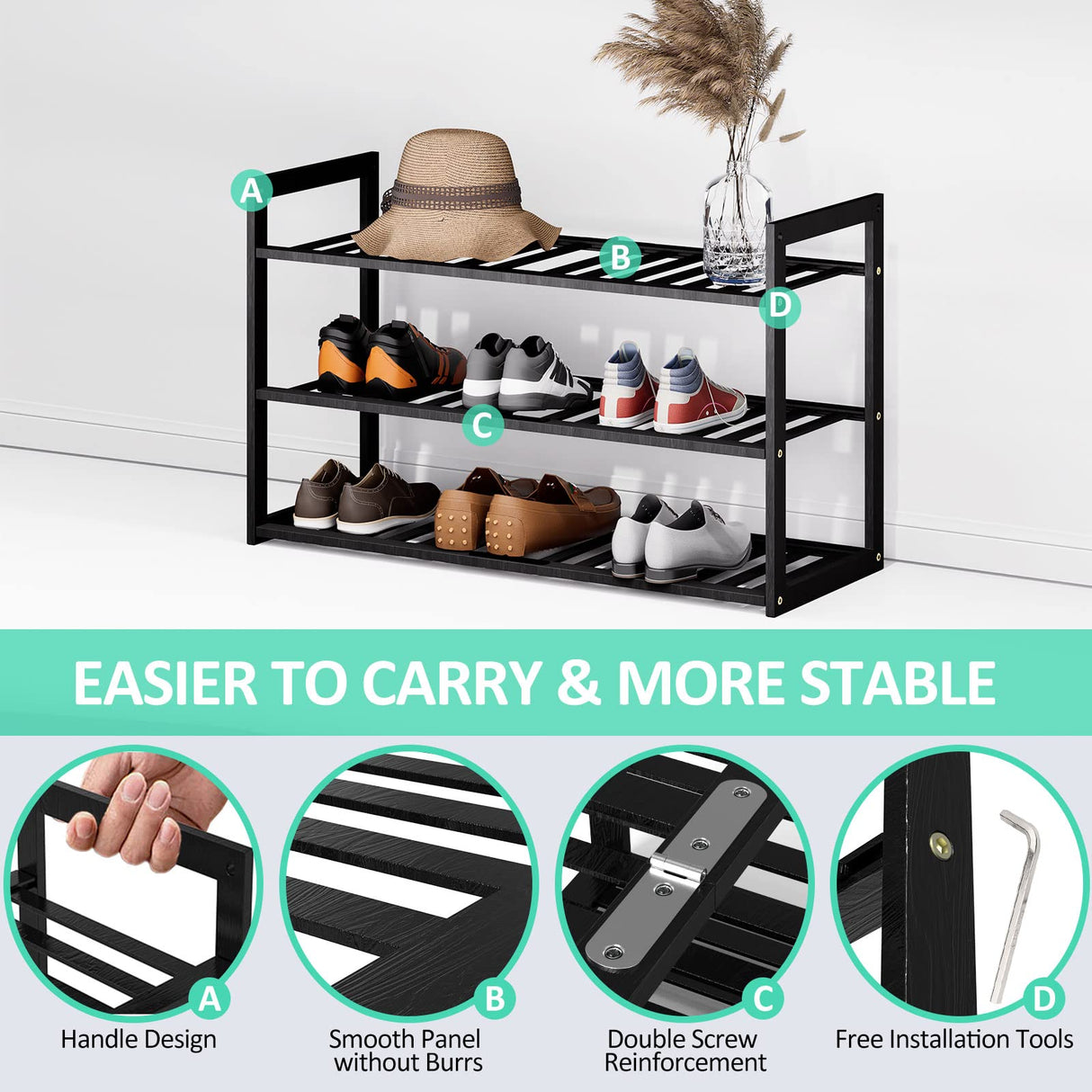 Jripae Bamboo Shoe Rack for Closet, Stackable 3 Tier Longer Shoe Organizer Shelf Holder Storage 12-15 Pairs for Entryway Door Hallway Bedroom Garage Space Saving Foldable Black Jripae