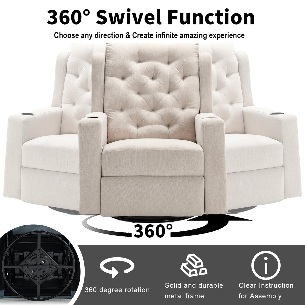 linting 330lbs Oversized Swivel Rocker Recliner Chairs Wide Seat Heavy Duty Fabric Reclining Chair, Plus Size Tufted Manual Rocking Glider Chair Recliners for Nursery, Beige linting
