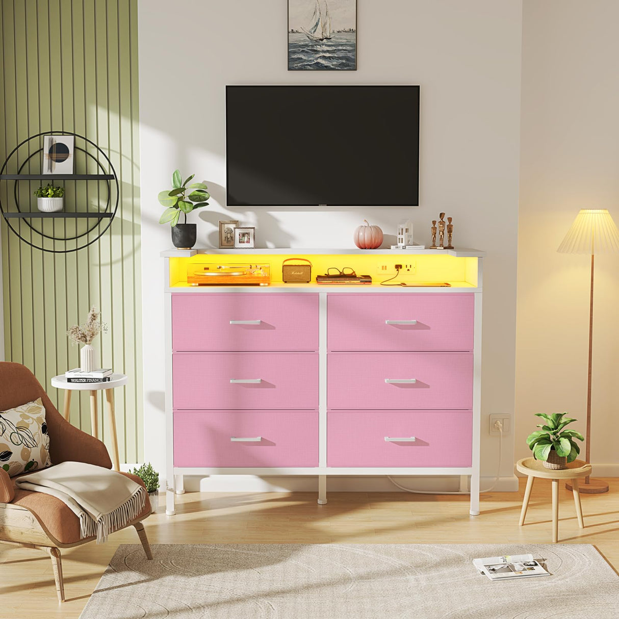 BOLUO Girls Dresser with LED Light and Charging Station for Bedroom 6 Fabric Drawer Dresser with USB Outlet Modern Pink BOLUO