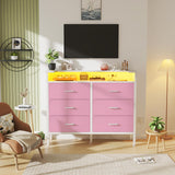 BOLUO Girls Dresser with LED Light and Charging Station for Bedroom 6 Fabric Drawer Dresser with USB Outlet Modern Pink BOLUO