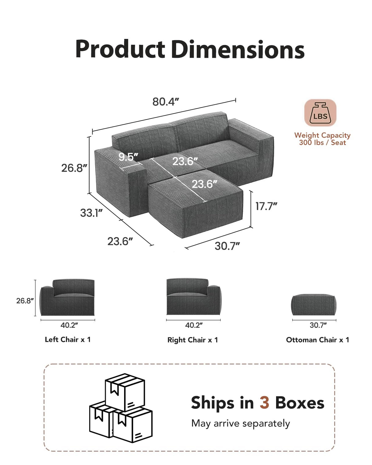 Amada 80" L Shaped Sofa Modular, Corduroy Clopud Couches with Deep Seats &High-Back, Upholstered Couches for Living Room Bedroom with Ottoman, No Assembly Required(2-Seater&1 Ottoman,Grey) AMADA HOMEFURNISHING