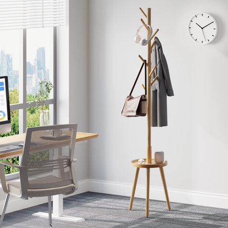 GREENSTELL Coat Rack with 8 Hooks, Wooden Coat Rack Freestanding with Shelf, Coat Tree with 4 Height Options 50.5"-72.6", Coat Hanger Stand for Bags, Clothes, Umbrellas, Hats, in Home, Natural GREENSTELL