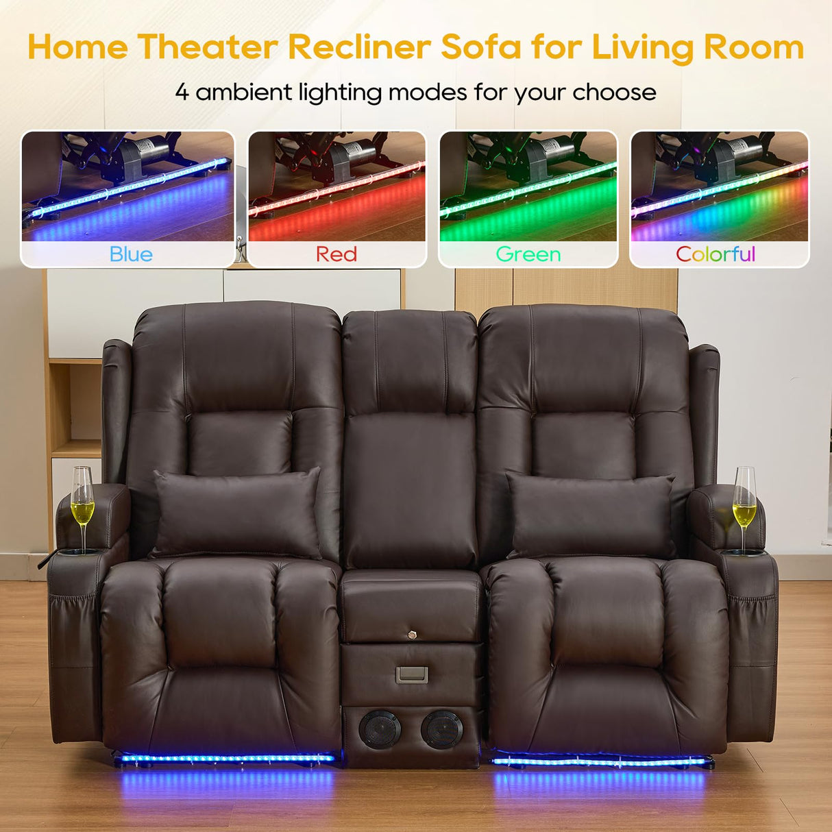 IPKIG 67" Power Reclining Loveseat Sofa, Electric Home Theater Seating with Console/4 Colors Ambient Lighting/Bluetooth Speakers/USB Ports/Built-in Outlets (Brown, Loveseat Recliner) IPKIG