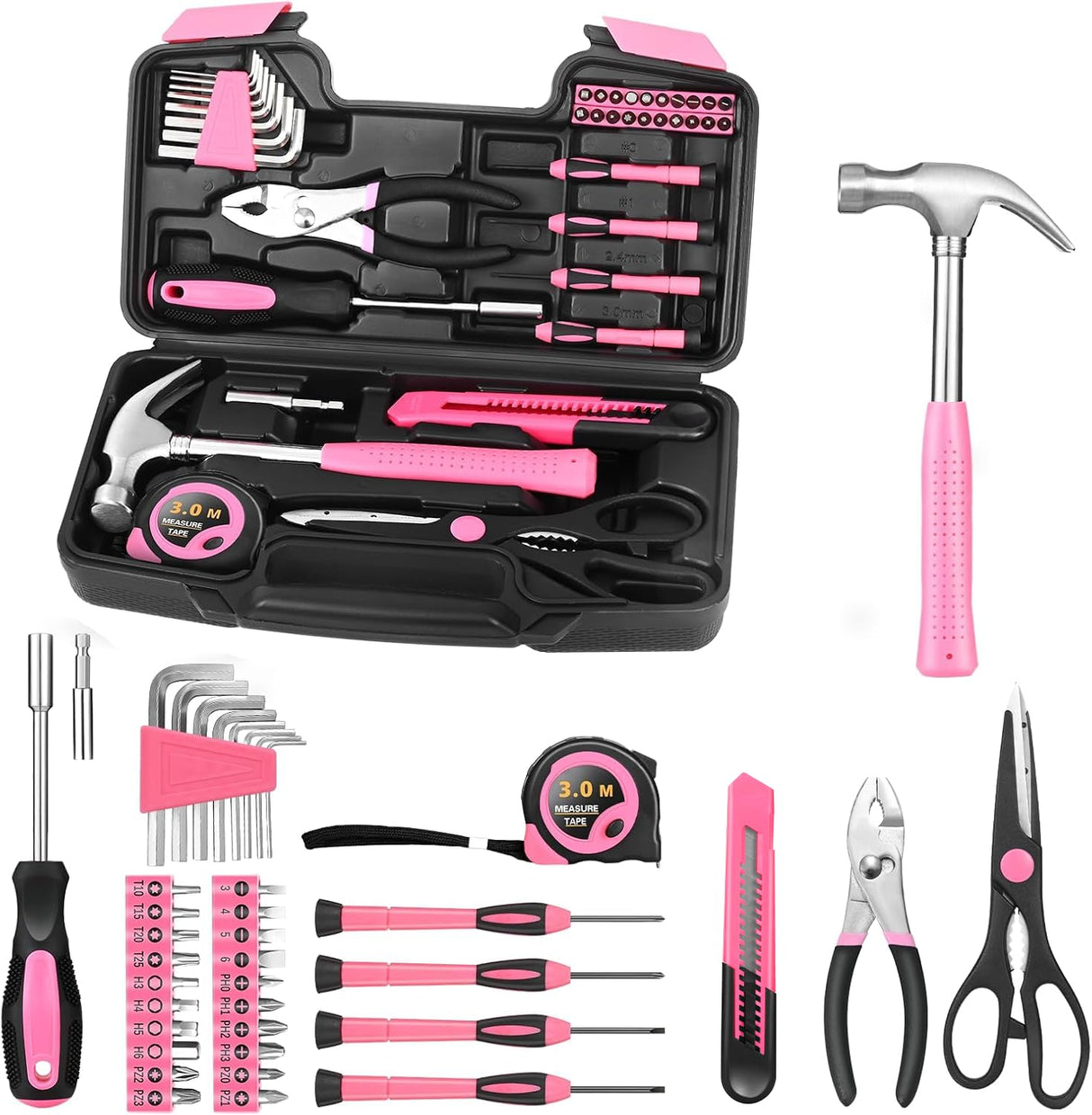 39 Piece All Purpose Basic Household Pink Tool Kit for Women - Small Tool Set with Toolbox Great for Home, Garage, Office and College Dormitory Use HANGYING