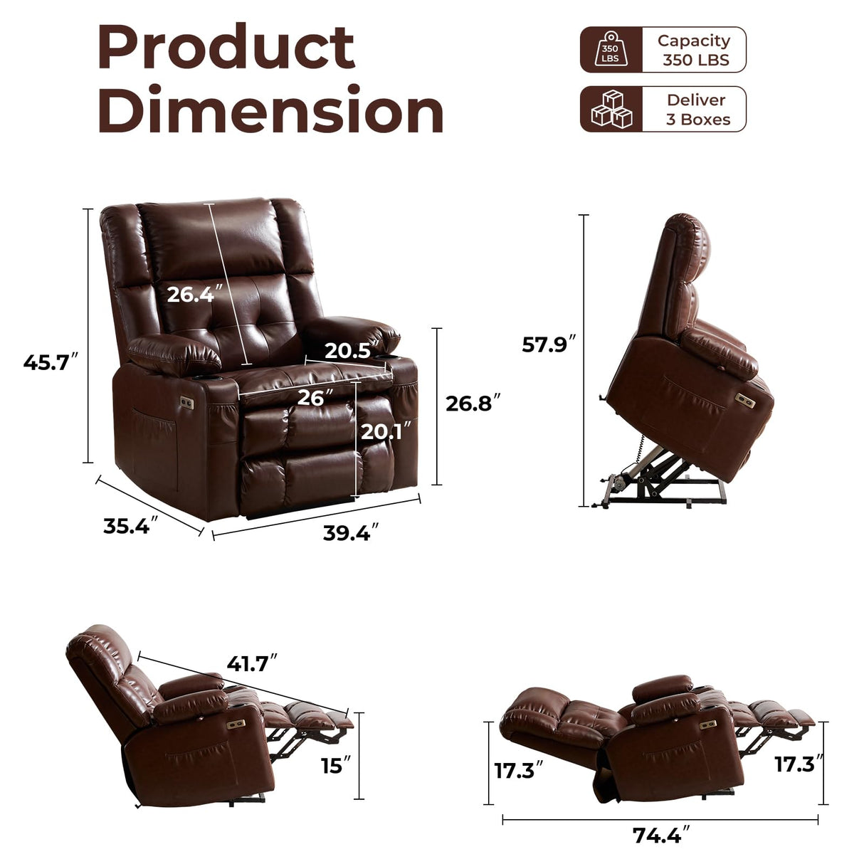 Dual Motor Power Lift Recliner Chair for Elderly with Massage and Heat, Oversized Lift Chair with Arm Storage, Lay Flat Lift Recliner for Adults, Big Tall, Infinite Position, Brown Rhevoy