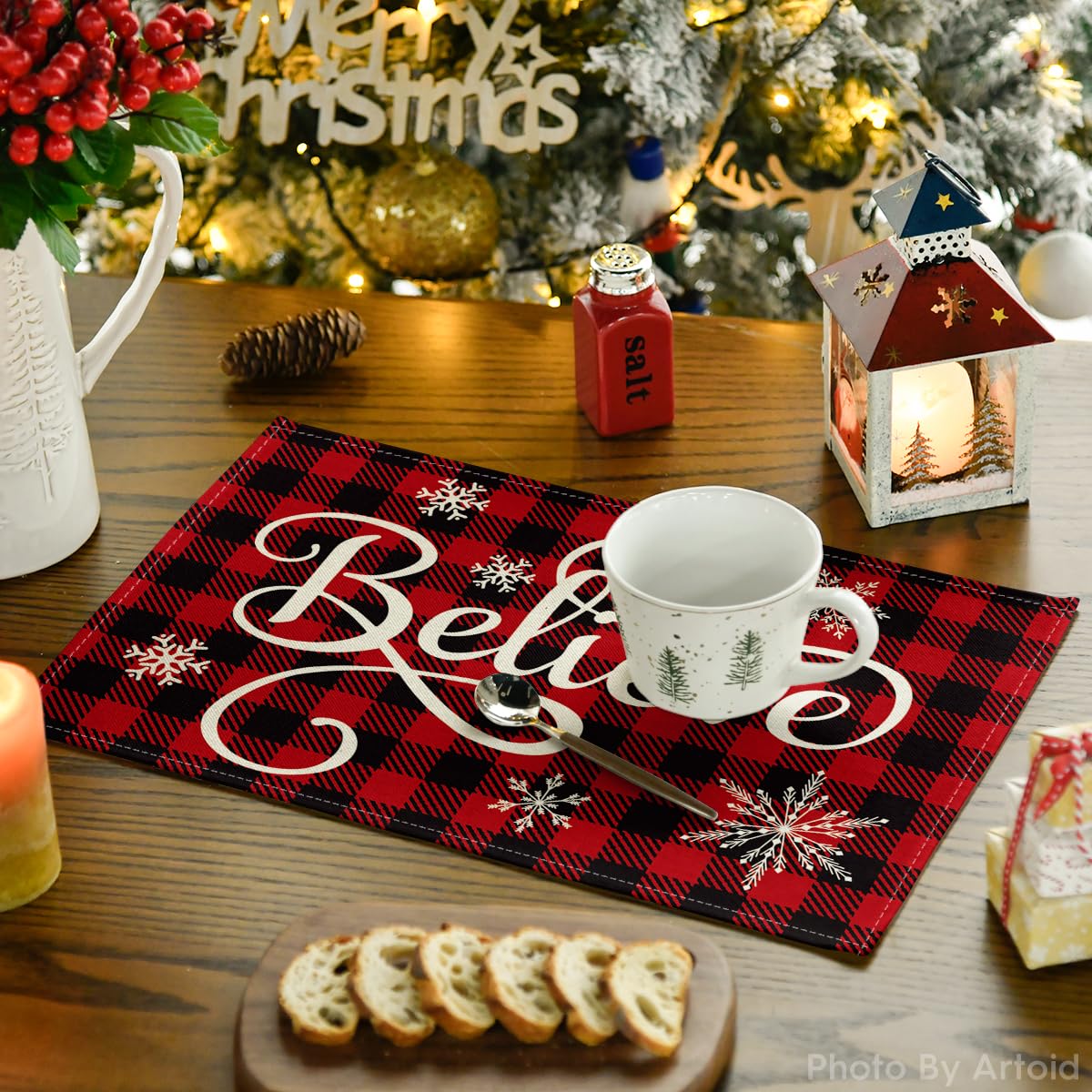 Artoid Mode Christmas Believe Buffalo Check Plaid Placemat for Dining Table, 12 x 18 Inch Winter Holiday Rustic Washable Table Mat Set of 4 Artoid Mode
