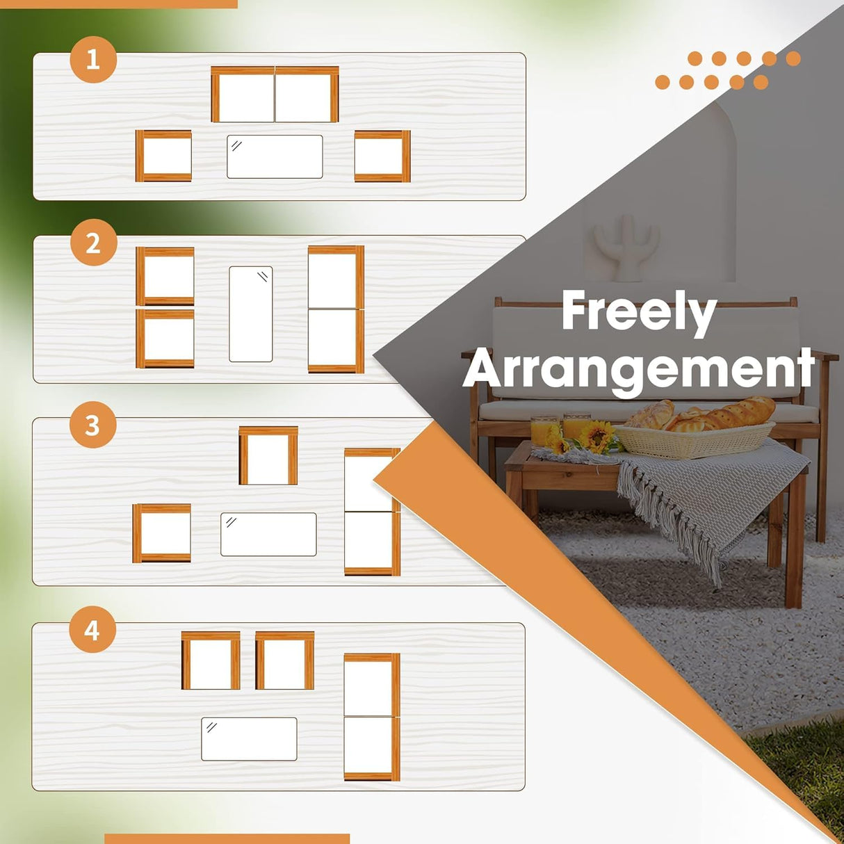 Devoko Patio Furniture 4 Piece Acacia Wood Outdoor Conversation Sofa Set with Table & Cushions Porch Chairs for Garden, Deck, Backyard, Natural Devoko