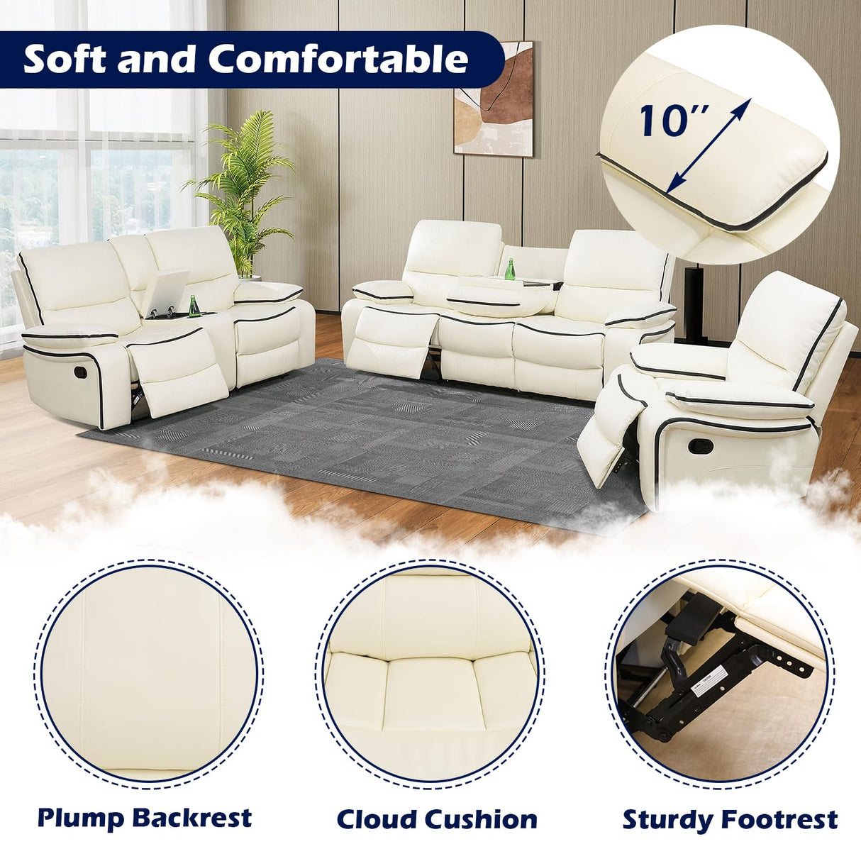 SIENWIEY Manual Recliner Sofa for Living Room,Faux Leather Double Reclining Couch for 3 Seats, Creamy White Leather Couch with Pull Down Coffee Table/Cup Holders(Sofa) SIENWIEY