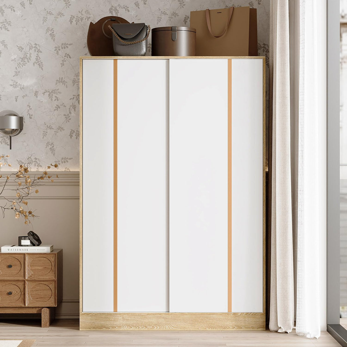 Timechee Almirah for Clothes, Storage Wardrobe Closet Cabinet, Clothes Closet with Metal Hanging Rod, 4 Shelves and Sliding Doors for Bedroom, Natural + White (21.4" D x 47.2" W x 69.7" H) Timechee