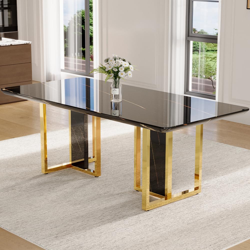 MEMUY 79" Black Dining Table Set for 10,Large Dining Room Table Top with Golden Metal Legs, Glossy Black Kitchen Room Table Set for 10-12 Person,Dining Room Table with 10 Black Golden Chairs - WoodArtSupply