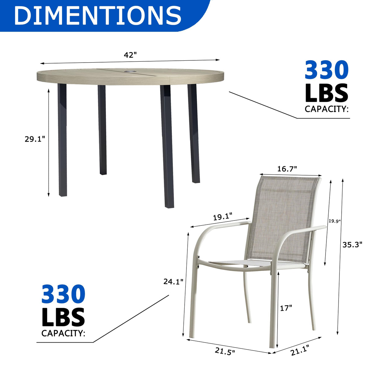 Seekverse 5-Piece Outdoor Dining Set, Round Metal Table with 4 Grey Chairs, Teak Patio Table with Umbrella Hole for Garden, Yard, Patio Seekverse