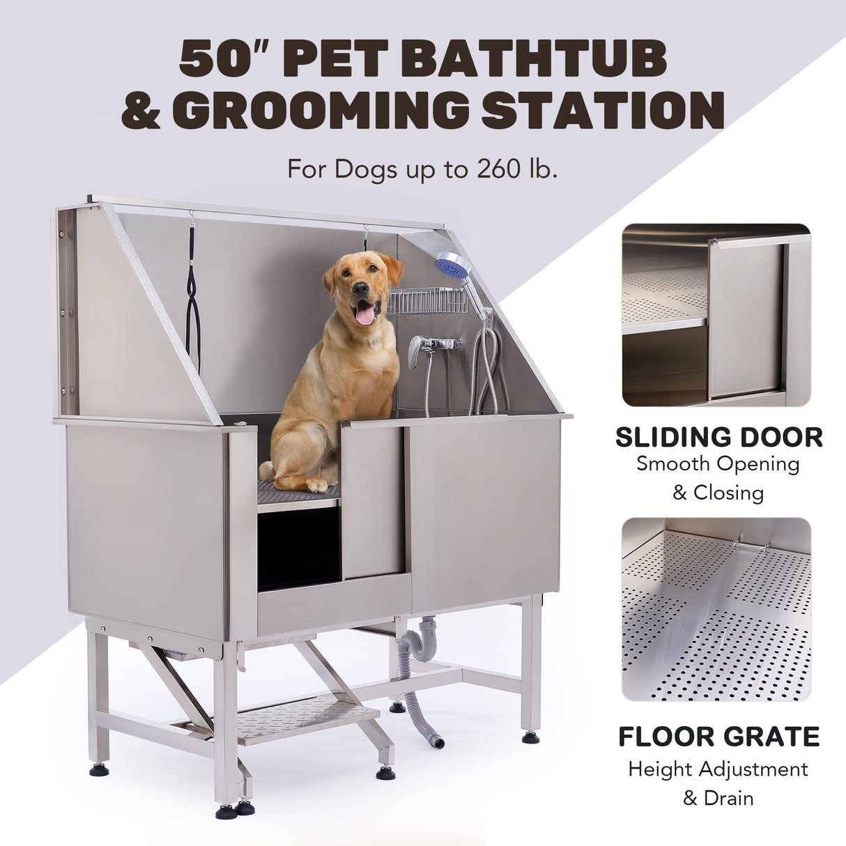 CO-Z 50” Dog Bathing Station for Large Dogs, Professional Dog Grooming Tub Pet Dog Washing Station for Home, Large Dog Bathtub with 304 Stainless Steel Tank, Removable Floor Grate, Steps, Faucet CO-Z
