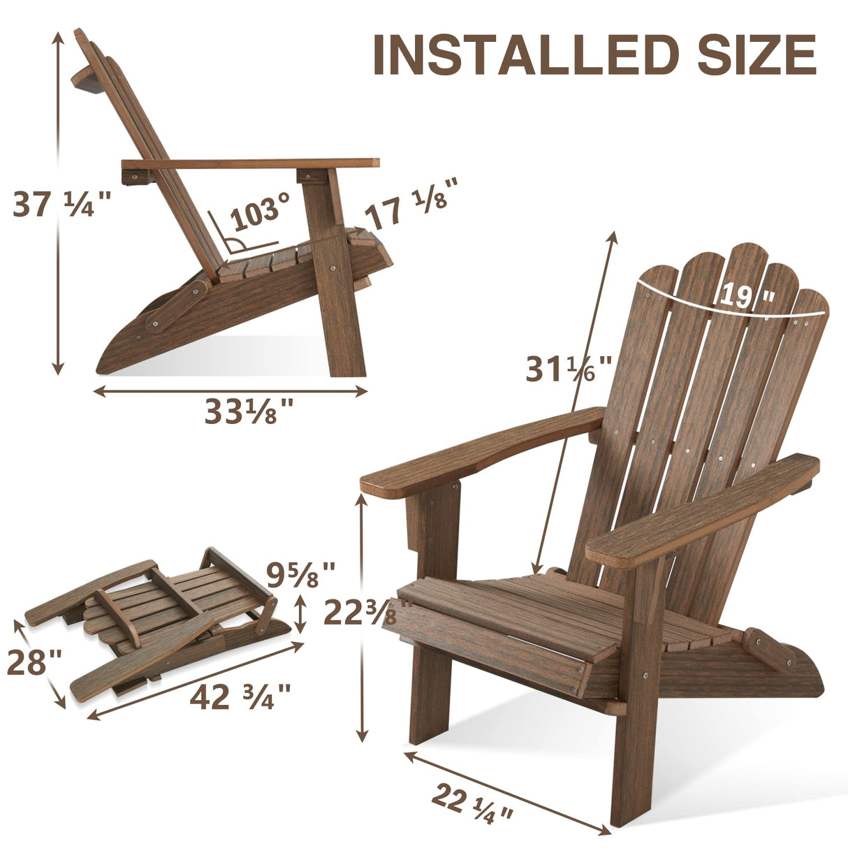 ACUEL Folding Adirondack Chair, Poly Lumber Fire Pit Chair, Durable All-Weather Patio Chairs for Garden, 350 Lbs Support Oversized Adirondack Chair (Bright Brown, 1 pc) ACUEL