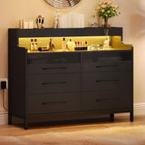 YITAHOME 6 Drawer Dressers with LED Lights, Wood Dressers Chests of Drawers, Modern Dresser with Open Shelf Storage for Room, Entryway, Hallway, Black YITAHOME