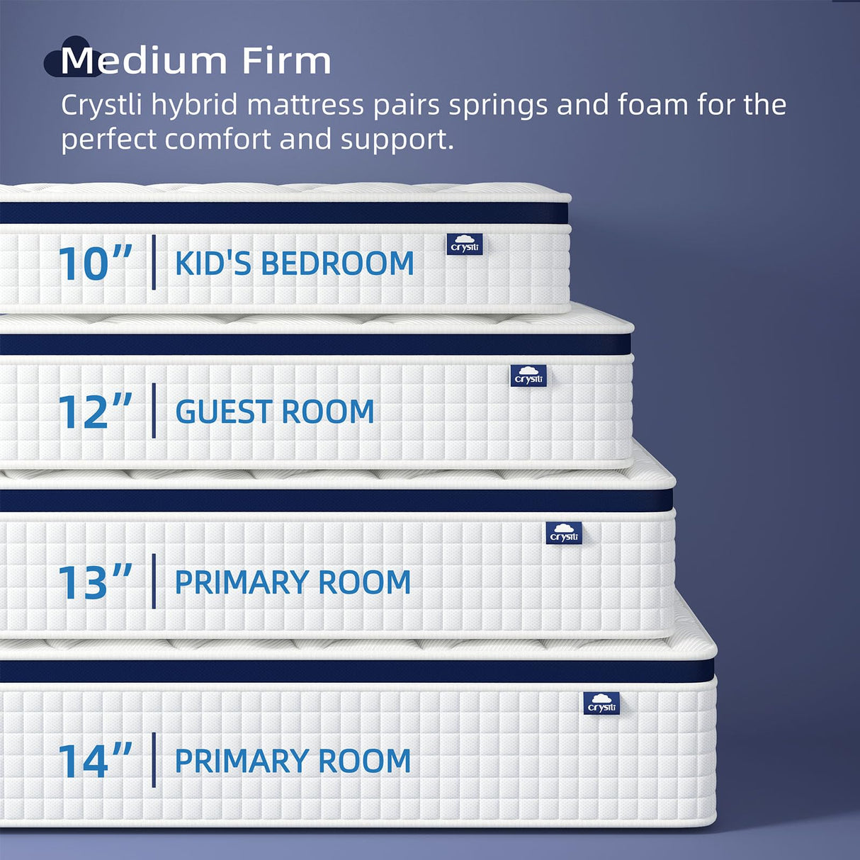 Crystli 14 Inch King Size Mattress Bed in A Box, Hybrid Mattress with Zero Pressure Foam, Innerspring Mattresses for Pressure Relief, Motion Isolation, Medium Firm, CertiPUR-US Certified Crystli