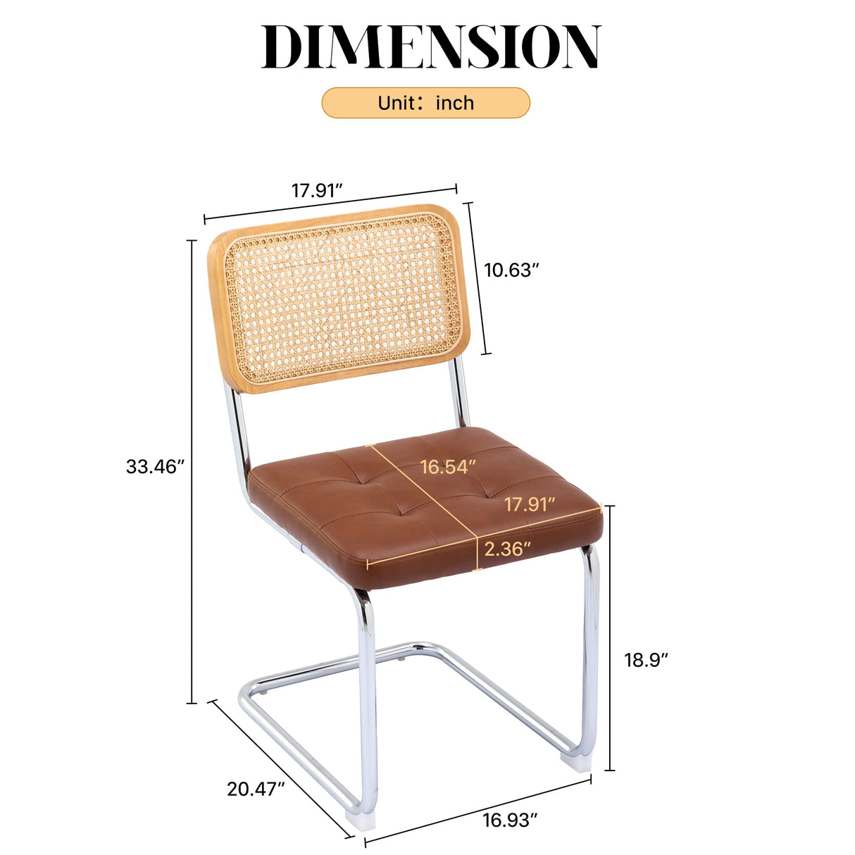 KCC Mid Century Modern Dining Chairs Set of 2, Faux Leather Rattan Dining Room Kitchen Side Chairs with Metal Legs and Upholstered Seat for Dining Room, Living Room, Bedroom,Brown KCC