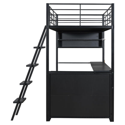 Twin Size Gaming Loft Bed with Desk, LED and 4 Storage Shelves, Metal Twin Loft Bed Frame, High Loft Bed Frame with Storage, Noise-Free, Space-Saving, No Box Spring Needed, Black