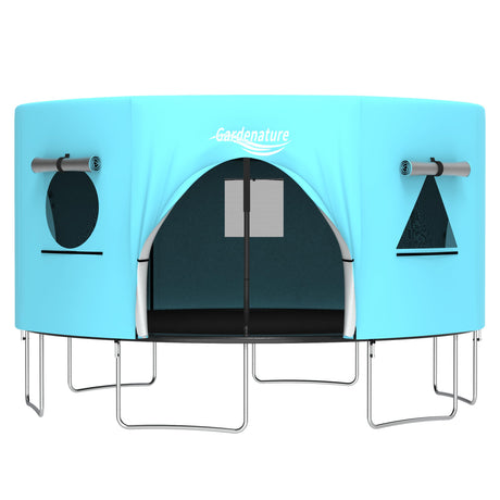 12FT Trampoline Tent Frameless Shade Cover with LED Light, Trampoline Accessory Tent Outdoor, Fit Round Trampoline with 8 Straight Poles – Blue Gardenature