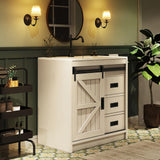 LUXOAK 31" Farmhouse Sliding Barn Door Bathroom Vanity with Sink Combo, Bathroom Vanity Cabinet with Drawers & Metal Handles, Freestanding, Distressed White LUXOAK