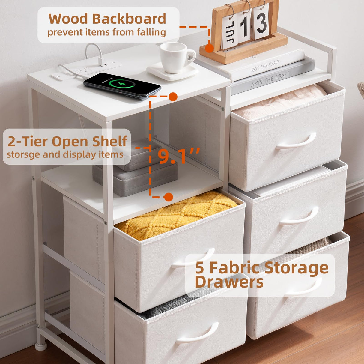 Somdot White Nightstand with Charging Station and LED Light, Wide 5 Drawers Dresser for Bedroom with Fabric Bins and Open Shelf for Bedroom Kids Closet Dorm Guest Room, White Leather Somdot