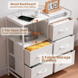 Somdot White Nightstand with Charging Station and LED Light, Wide 5 Drawers Dresser for Bedroom with Fabric Bins and Open Shelf for Bedroom Kids Closet Dorm Guest Room, White Leather Somdot