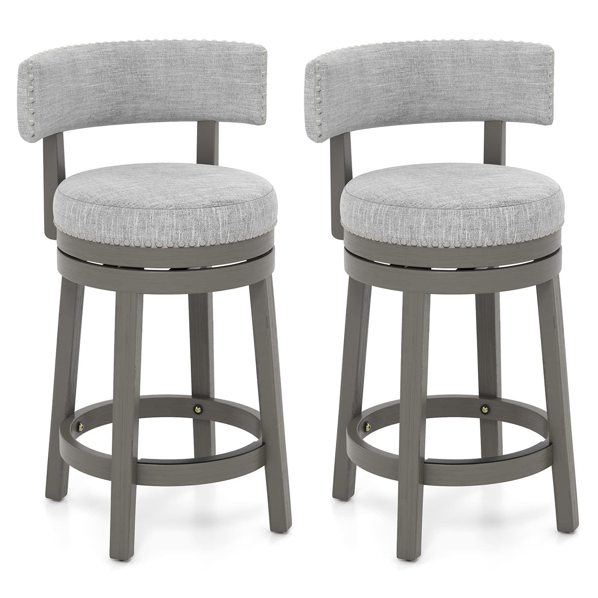 COSTWAY Bar Stool Set of 2, 27-inch 360° Swivel Barstool with Upholstered Back & Seat, Solid Rubber Wood Legs & Footrest, Farmhouse Counter Height Chair for Home, Bar, Cafe, Grey (2, Seat height 27‘’) COSTWAY
