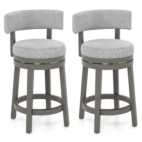 COSTWAY Bar Stool Set of 2, 27-inch 360° Swivel Barstool with Upholstered Back & Seat, Solid Rubber Wood Legs & Footrest, Farmhouse Counter Height Chair for Home, Bar, Cafe, Grey (2, Seat height 27‘’) COSTWAY