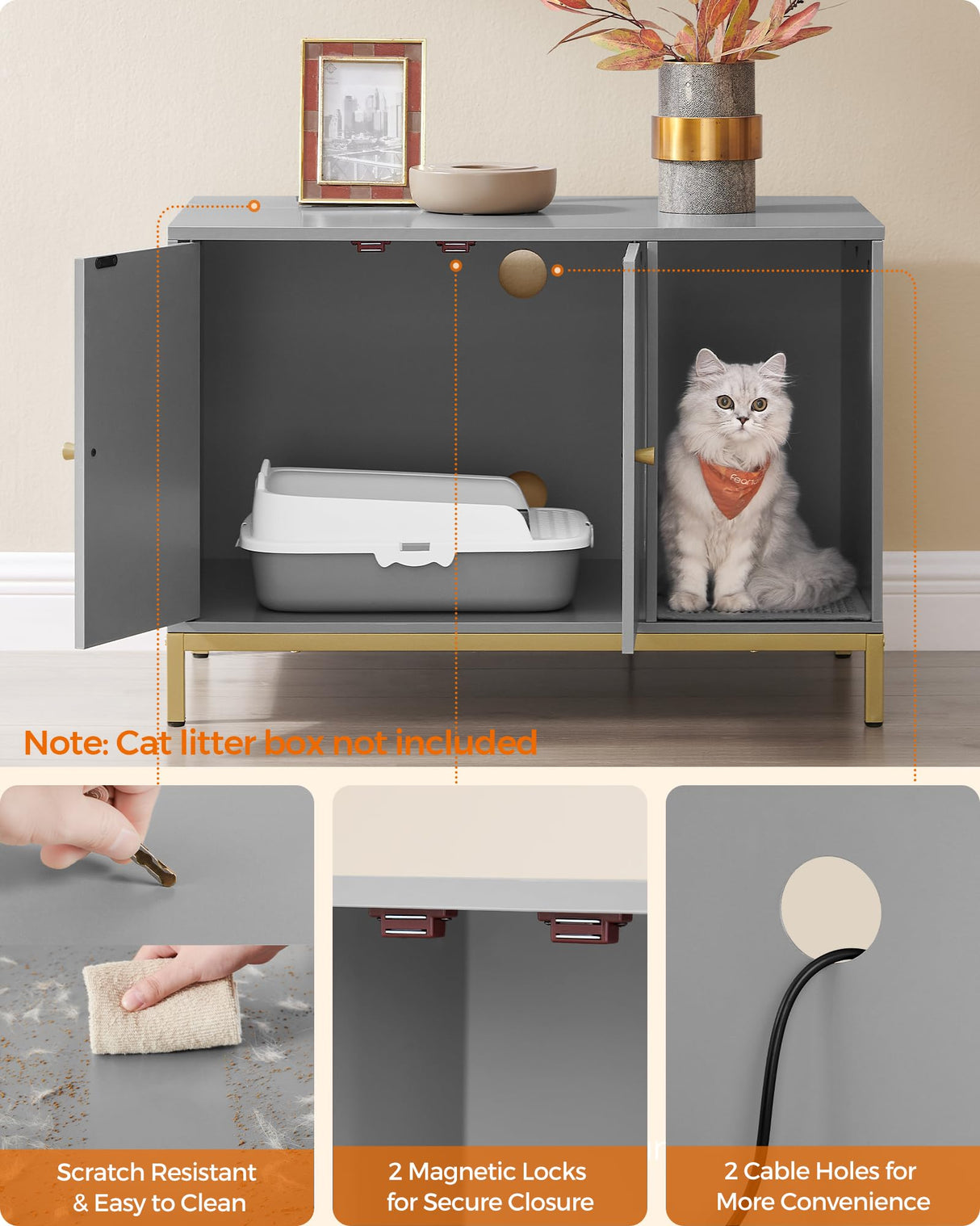 Feandrea Litter Box Enclosure, Modern Cat Litter Box Furniture Hidden, with Scratching Mat, Tall Legs, Cat House, Side End Table, 31.5 x 19.7 x 21.7 Inches, Dove Gray and Gold UPCL007H01 Feandrea