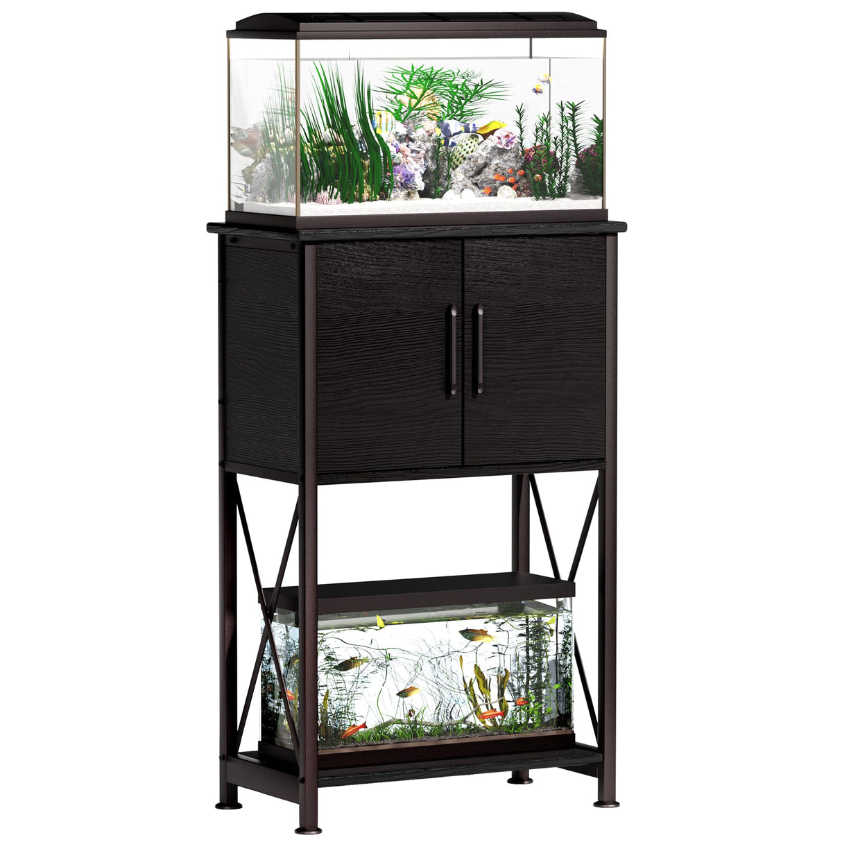 Herture 5-10 Gallon Fish Tank Stand, Metal Double Aquarium Stand with Cabinet for Fish Tank Accessories Storage, Heavy Duty 20.5" L* 11.02" W Tabletop, 500LBS Capacity Black PG06YGB Herture