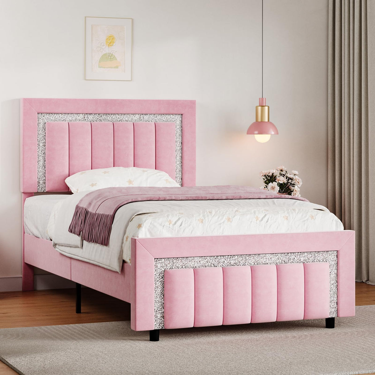 HOMBCK Twin Bed Frames for Girls, Pink Twin Bed Frame with Velvet Upholstered Vertical Channel Diamond Headboard, Princes Bed Frame, Adjustable Headboard, Wooden Slats Support, Easy Assembly, Pink HOMBCK