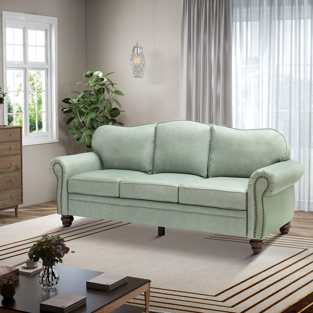 HULALA Home 81'' Upholstered Leather Sofa with Nailhead Trim and Rolled Armrests, Mid-Century Modern Living Room 3-Seater Couch, Sage Couch with Removable Cushion for Bedroom Apartment HULALA HOME