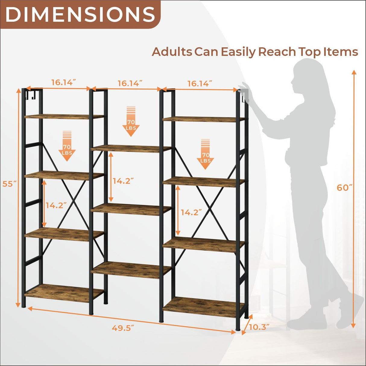 DSNAPE Triple 4 Tier Bookshelf with 11 Open Book Shelves,Home Office Bookcase Shelf Heavy Duty Storage Organizer,55" H Industrial Display Shelves for Living Room,Kitchen Room,Flower Room,Rustic Brown DSNAPE