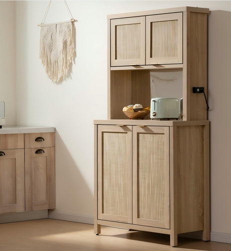 SICOTAS Tall Farmhouse Kitchen Pantry Storage Cabinet, Wooden Pantry Cabinet with Steel Mirror, Power Outlet and Rattan Door, Boho Large Freestanding Cupboard for Kitchen, Dining Room, Light Oak SICOTAS
