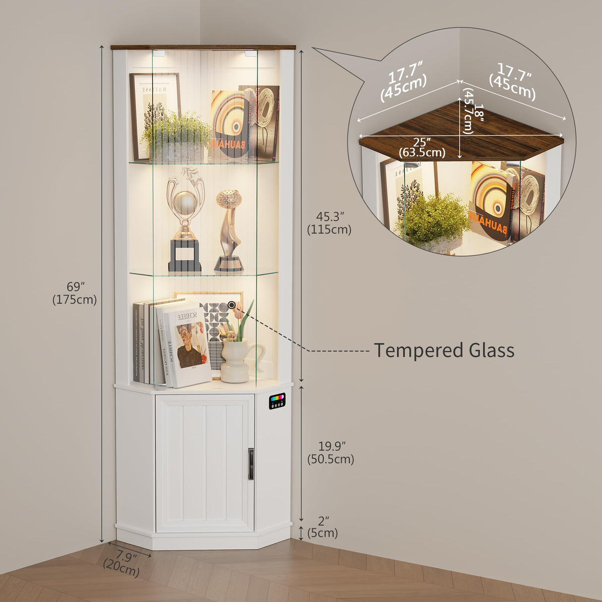 HNEBC 69" Tall Curio Display Cabinet with Glass Door and Movable Shelves,Corner Bookcase with LED Human Sensor Lights,5-Tier RGB Display Case for Collectibles,Bedroom Living Room HNEBC