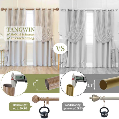 TANGWIN Wood Curtain Rods for Windows 48 to 84 Inch(4-7ft),1 Inch Adjustable Curtain Rod,Heavy Duty Curtain Rods,Wooden Netted Texture Finials Drapery Rods,Single Window Curtain Rod 36-88",Brown Wood