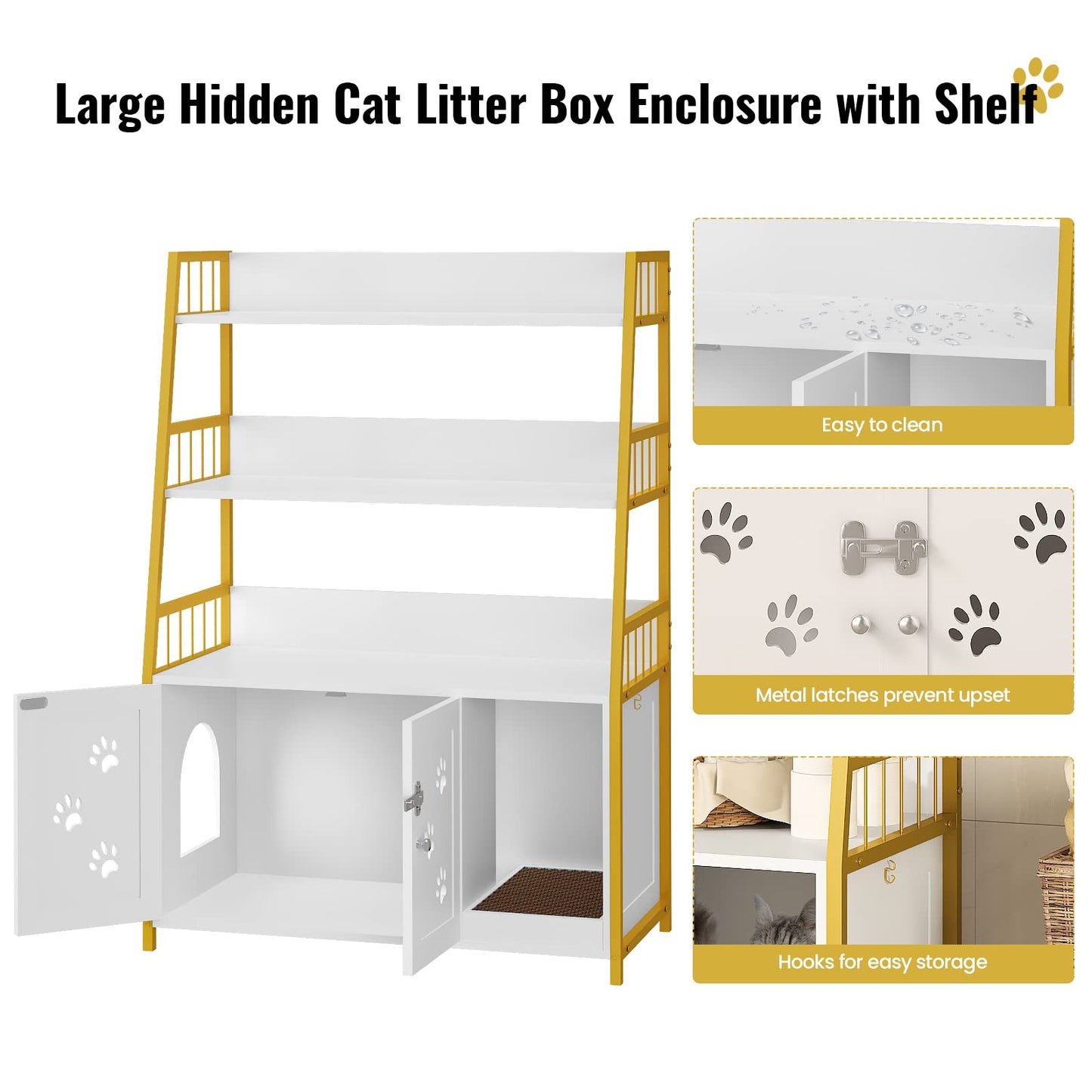 Recaceik Large Cat Litter Box Enclosure with Shelf Storage, Hidden Cat Washroom Furniture, Wooden Cat House with Scratch Pad, Sturdy Indoor Cat Cabinet with 2 Doors - WoodArtSupply