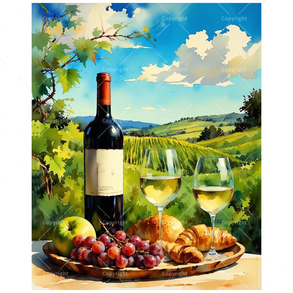 Wine and Food Paint by Numbers Kit for Adults - DIY Vineyard Picnic with Wine and Croissants Painting on Canvas 16x20 Inches, Acrylic Paint Set for Beginners, Art for Home Decoration or Gifts DecorFriday