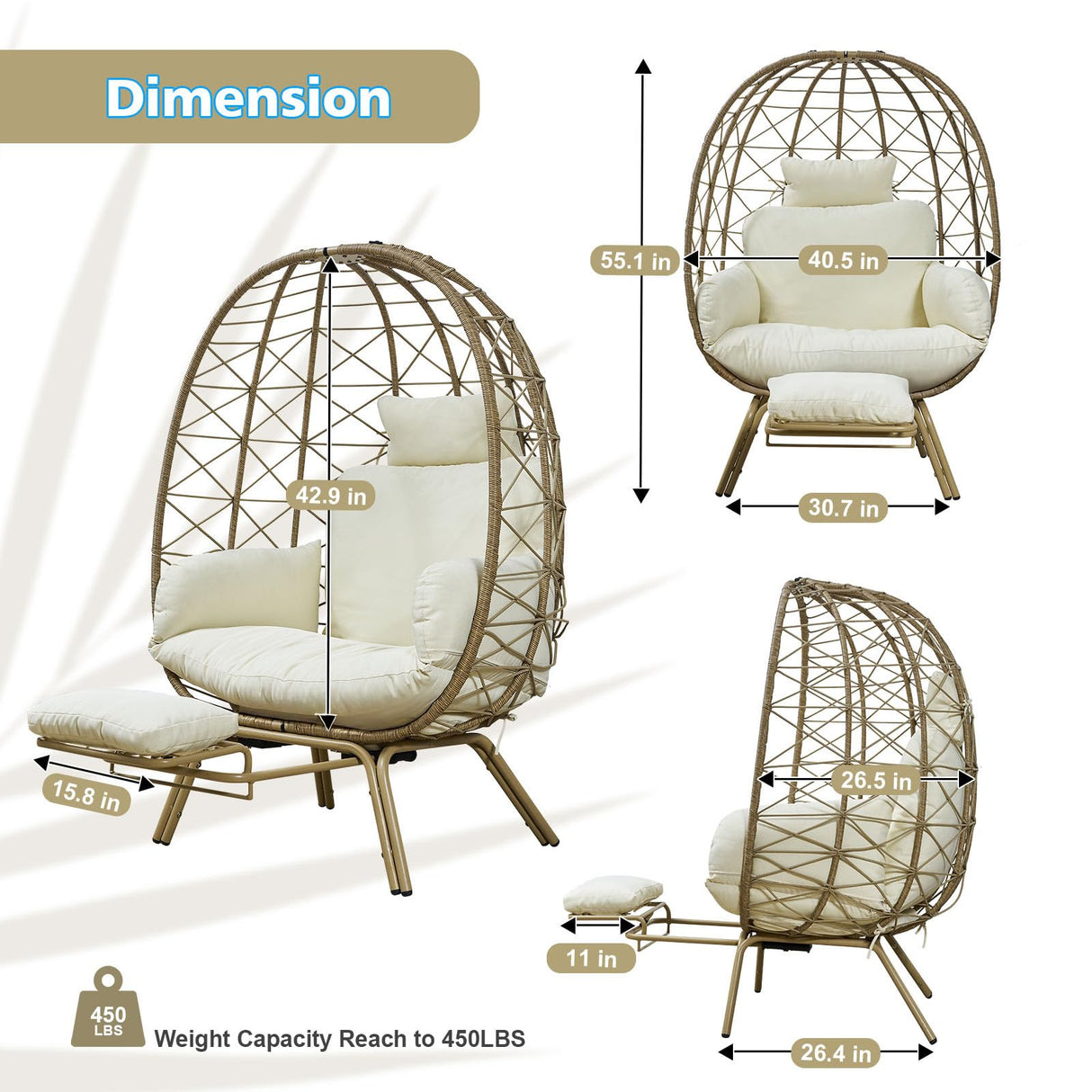 Outlux Wicker Egg Chair with Cushion & Footrest - Oversized 450lb Capacity Boho Hanging Chair for Indoor/Outdoor - Beige Rattan Lounge Seat for Patio, Balcony, Garden Outlux