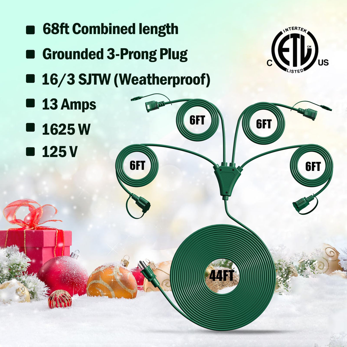 Eversimpleinc 1 to 4 Splitter Extension Cord (Combined 68 FT, End to End 50 FT), 3 Prong Plug with 4 Outlets with Weatherproof Covers for Indoor and Outdoor Holiday Christmas Decroations Eversimpleinc