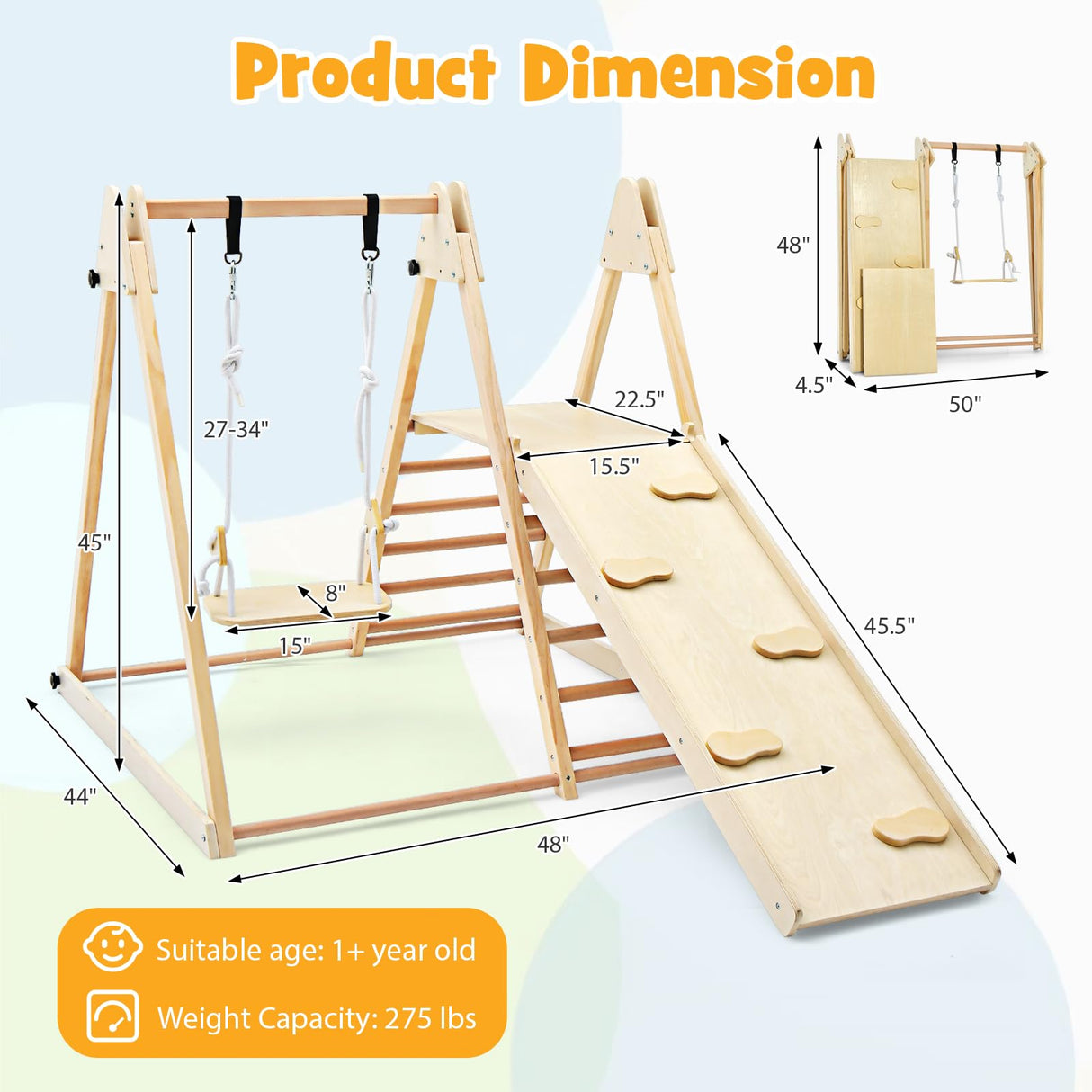 HONEY JOY Kids Indoor Jungle Gym, Large 5-in-1 Playground Climber Playset with Baby Swing, Slide Ramp, Ladder & Climbing Wall, Foldable Wooden Montessori Waldorf Play Gym, Climbing Toys for Toddlers HONEY JOY