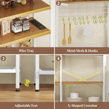 iabifo L-Shaped Bakers Rack with Power Outlet, 6-Tier Microwave Stand with Open Storage, Kitchen Shelf with Hooks, Coffee Bar with Wire Basket, White iabifo