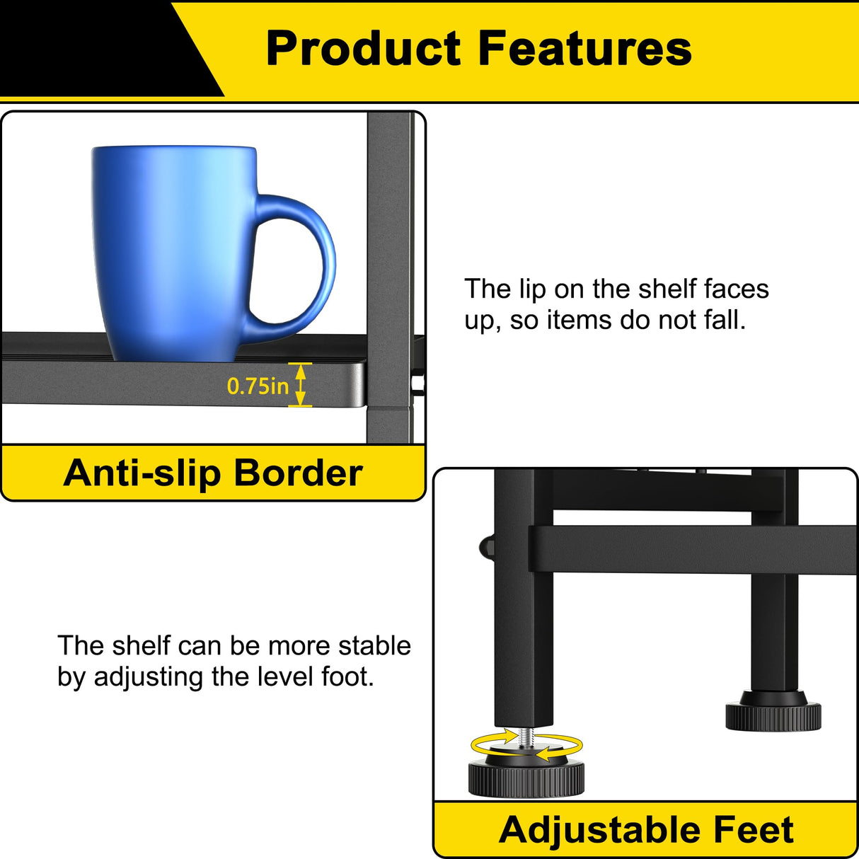 GIOTORENT 6-Wire Garage Shelving Storage Shelves, Metal Shelving Unit Pantry Rack, Kitchen Storage Adjustable Shelf 900Lbs Capacity for Laundry Kitchen Bathroom Organizer(Black) GIOTORENT