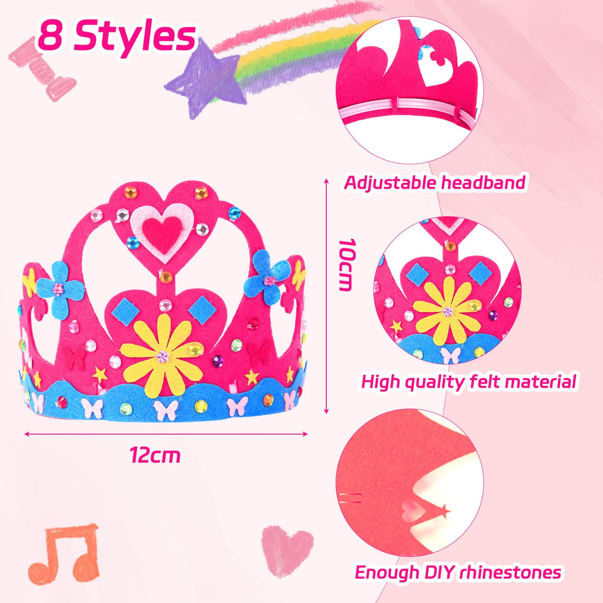RGISHOP 24 Pack Princess Fairy Wands and Crowns Kit Unfinished Wooden Princess Wands Felt Crown Tiara Headbands Make Your Own Magical Wand Crafts for Kids Classroom Activities RGISHOP