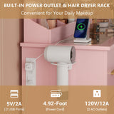 METOTI Vanity Desk with 38" Large Mirror and 9 LED Lights & Glass Top and Power Outlet, Adults Makeup Vanity with Chair and 7 Storage Drawers, Dressing Table Set for Bedroom, Modern Pink METOTI