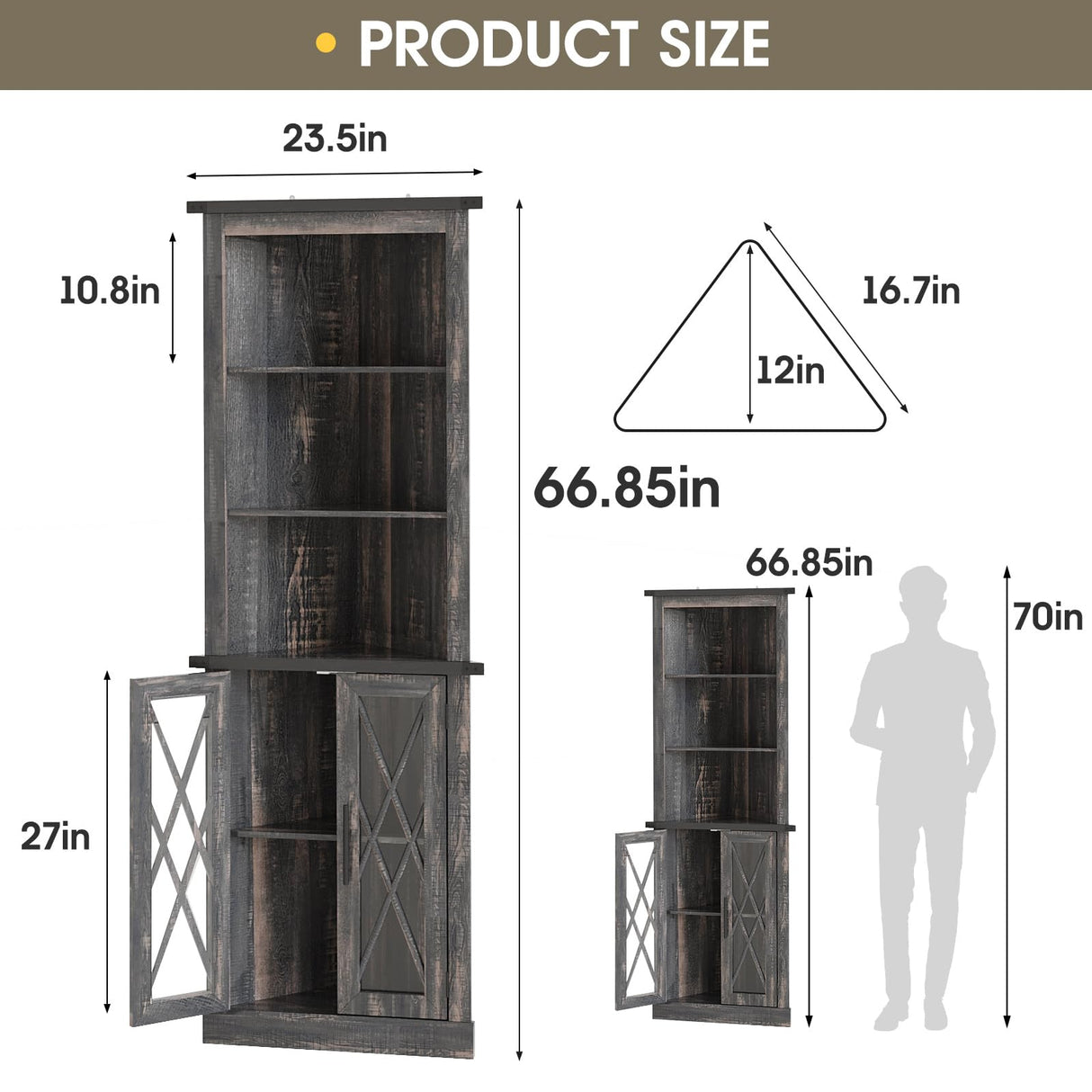 Maupvit 66.8" Tall Corner Cabinet, Modern Storage Cabinet with 2 Glass Doors & Adjustable Shelves, 5-Tier Corner Display Cabinets for Living Room, Bathroom, Dark Oak Maupvit