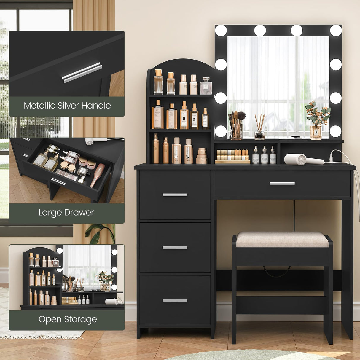 Quimoo Vanity Desk with Mirror and 10 LED Lights, Makeup Vanity with Charging Station and 4 Drawers Chest & Shelves, Vanity Set, Vanity Table with Cushioned Stool, for Bedroom, Black Quimoo